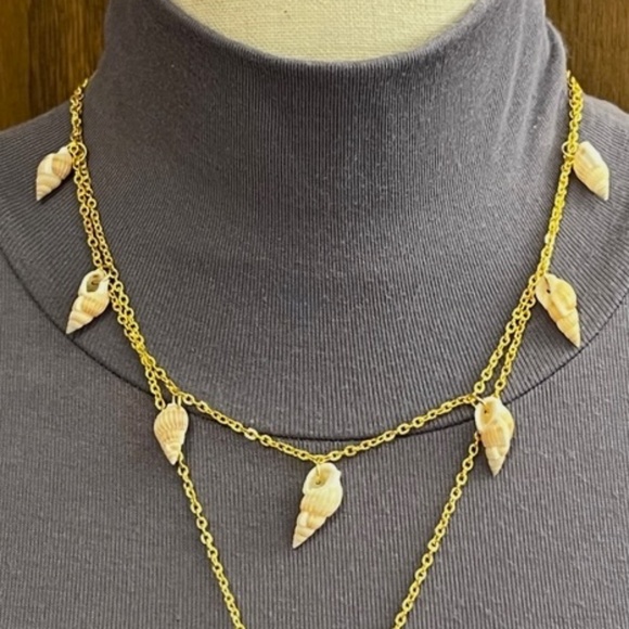 Seashell 2-Layer Boho Beach Handmade Gold Necklace, Real Spiral Seashells - Picture 3 of 16
